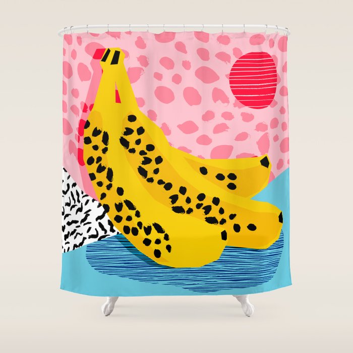 What It Is - memphis throwback banana fruit retro minimal pattern neon bright 1980s 80s style art Shower Curtain Gallery Image 1