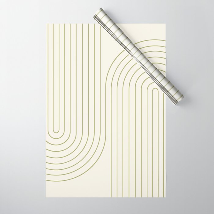 Minimal Line Curvature LXXXVII Creme & Green Mid Century Modern Arch Abstract Wrapping Paper Gallery Image 1