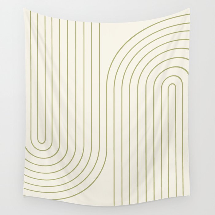 Minimal Line Curvature LXXXVII Creme & Green Mid Century Modern Arch Abstract Wall Tapestry Gallery Image 1