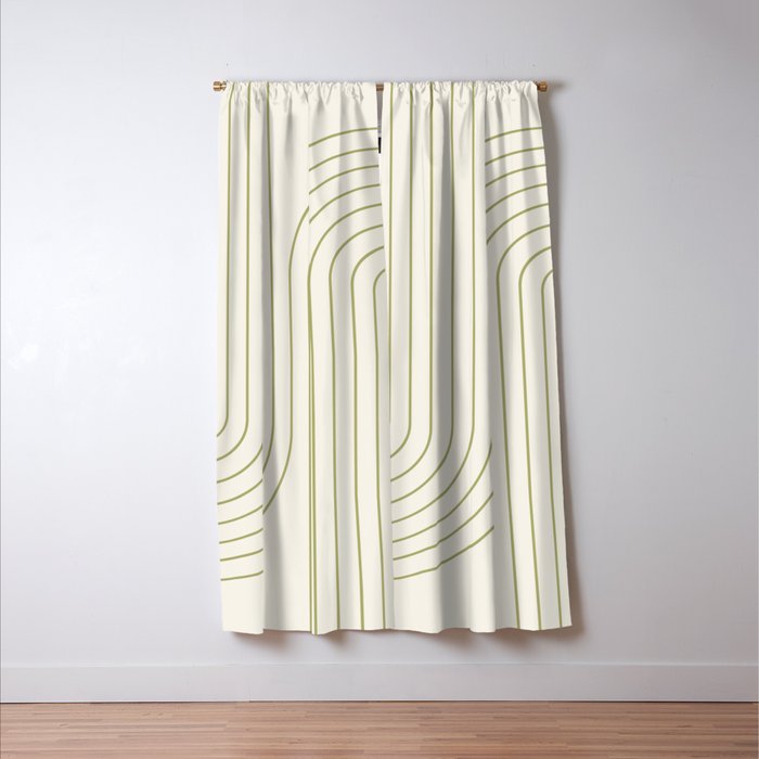 Minimal Line Curvature LXXXVII Creme & Green Mid Century Modern Arch Abstract Window Curtain Gallery Image 3