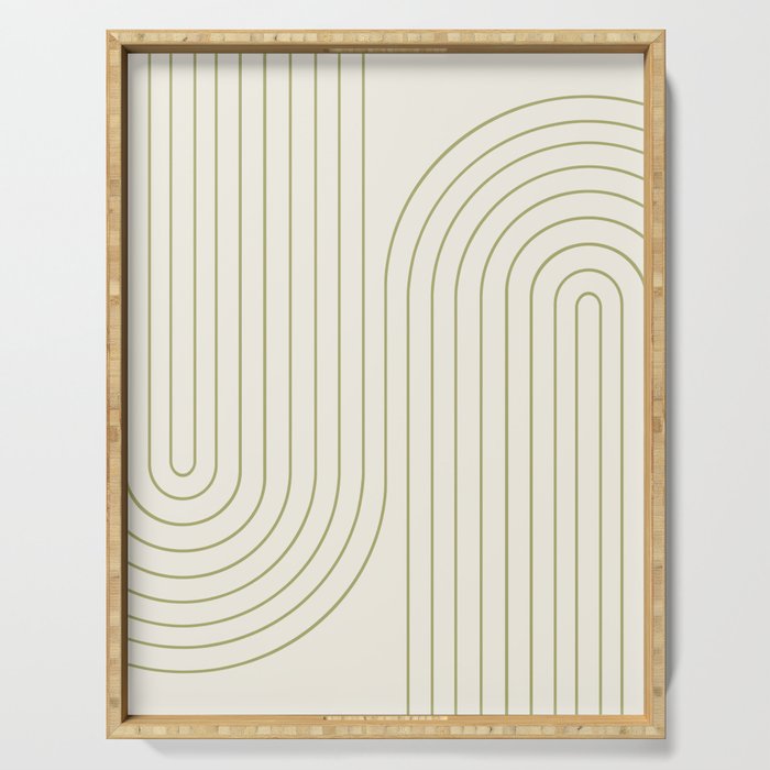 Minimal Line Curvature LXXXVII Creme & Green Mid Century Modern Arch Abstract Serving Tray Gallery Image 1