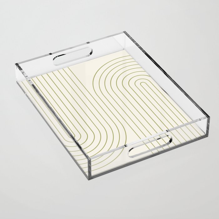 Minimal Line Curvature LXXXVII Creme & Green Mid Century Modern Arch Abstract Acrylic Tray Gallery Image 1