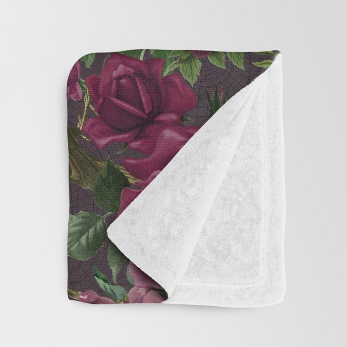 Burgundy Roses and Ravens Dark Gothic Pattern  Throw Blanket Gallery Image 3