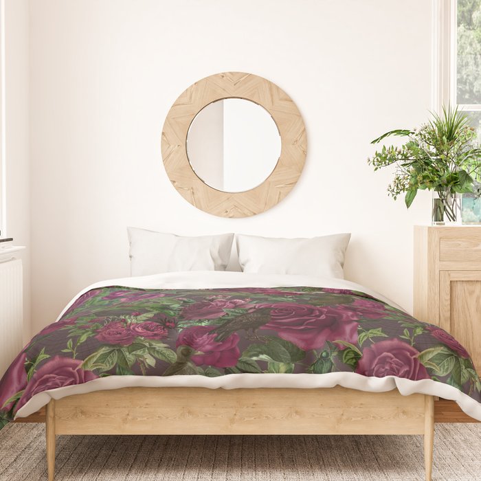 Burgundy Roses and Ravens Dark Gothic Pattern  Duvet Cover Gallery Image 3