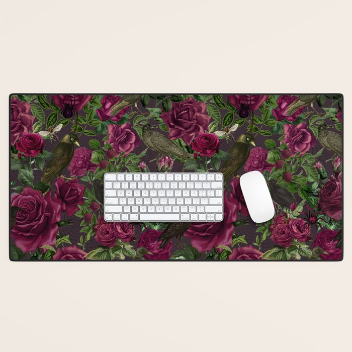 Burgundy Roses and Ravens Dark Gothic Pattern  Desk Mat Gallery Image 1