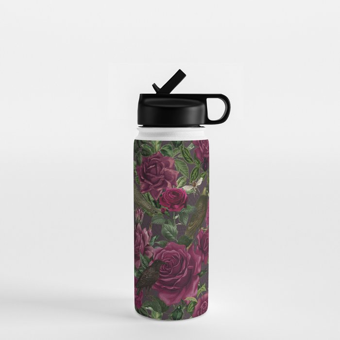 Burgundy Roses And Ravens Dark Gothic Pattern  Water Bottle Gallery Image 1