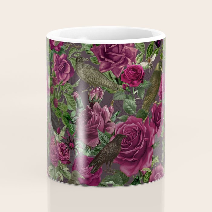 Burgundy Roses and Ravens Dark Gothic Pattern  Coffee Mug Gallery Image 4