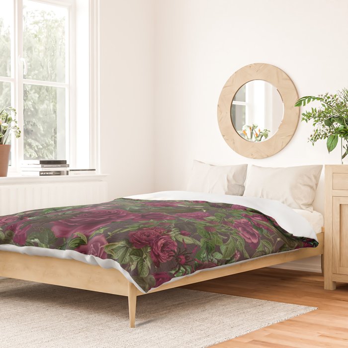 Burgundy Roses and Ravens Dark Gothic Pattern  Duvet Cover Gallery Image 2