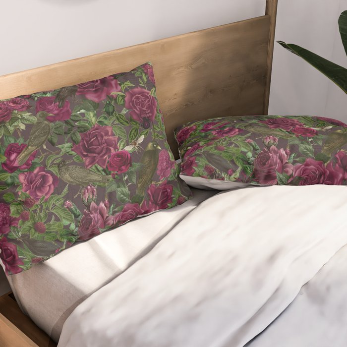 Burgundy Roses and Ravens Dark Gothic Pattern  Pillow Sham Gallery Image 2