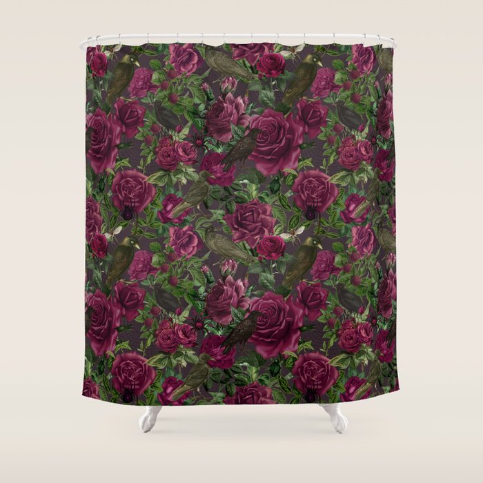 Burgundy Roses and Ravens Dark Gothic Pattern  Shower Curtain Gallery Image 1