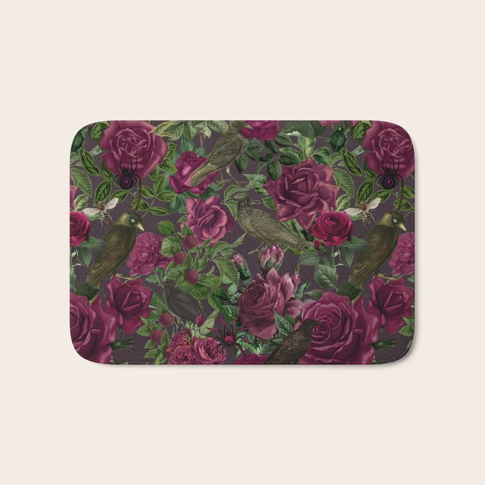Burgundy Roses and Ravens Dark Gothic Pattern  Bath Mat Gallery Image 1