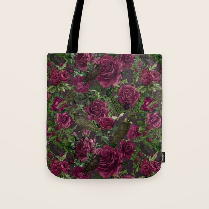 Burgundy Roses and Ravens Dark Gothic Pattern  Tote Bag Gallery Image 1