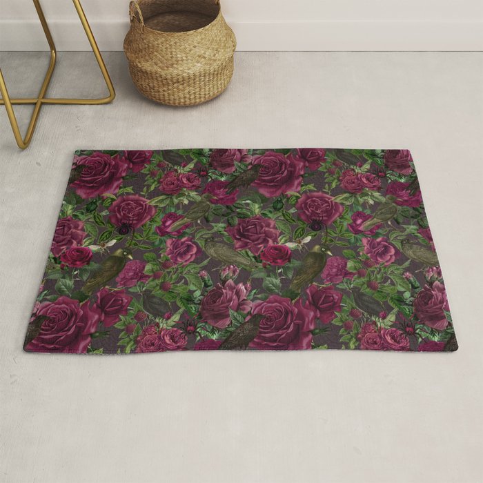 Burgundy Roses and Ravens Dark Gothic Pattern  Rug Gallery Image 1