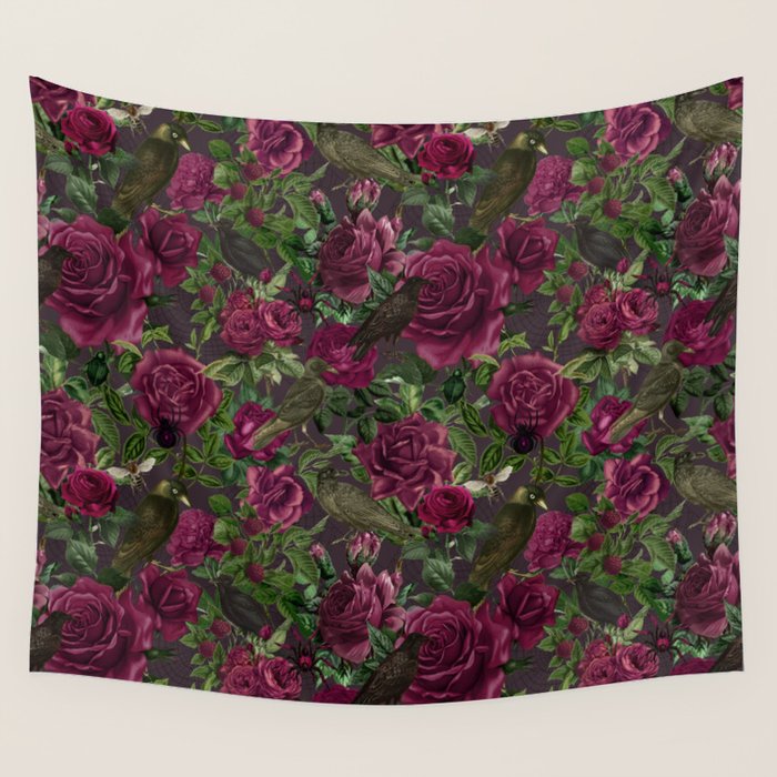 Burgundy Roses and Ravens Dark Gothic Pattern  Wall Tapestry Gallery Image 1