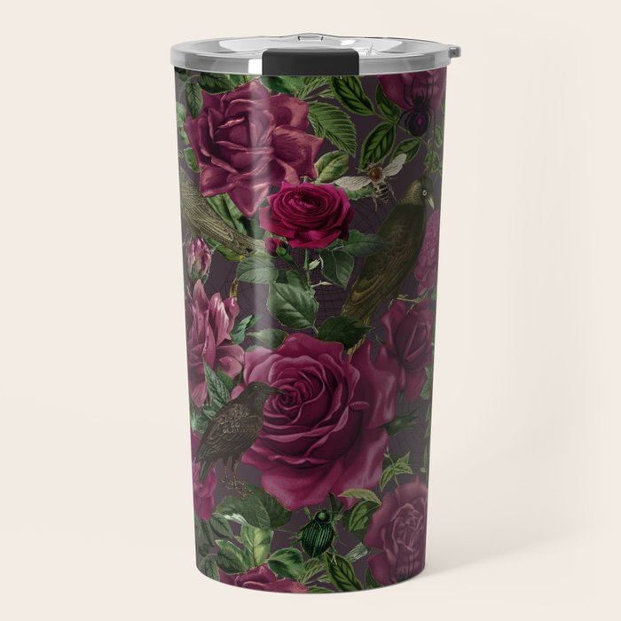 Burgundy Roses and Ravens Dark Gothic Pattern  Travel Mug Gallery Image 1