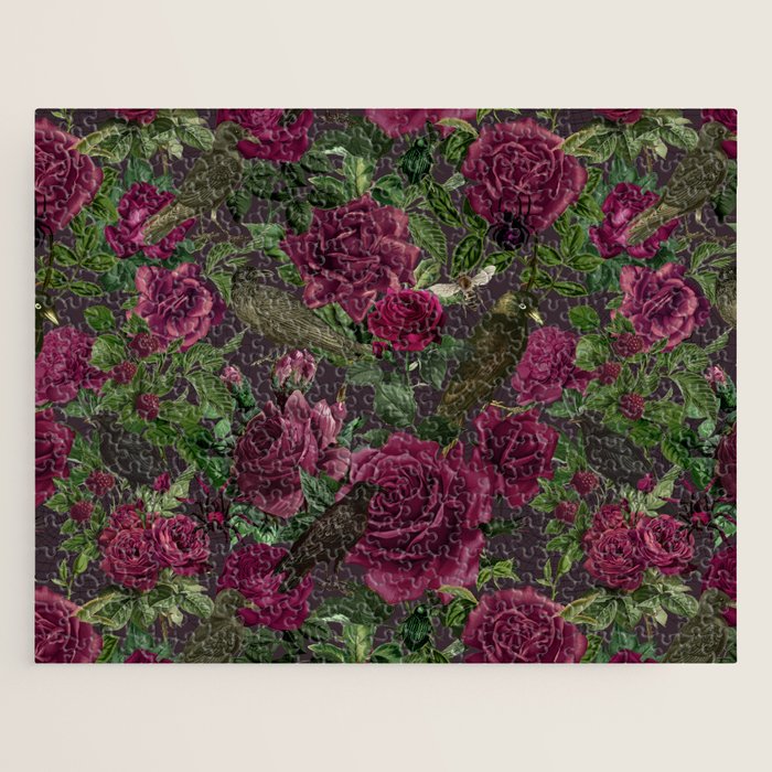 Burgundy Roses and Ravens Dark Gothic Pattern  Jigsaw Puzzle Gallery Image 1