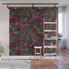 Burgundy Roses and Ravens Dark Gothic Pattern  Wall Mural Gallery Image 1