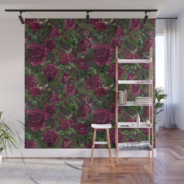 Burgundy Roses and Ravens Dark Gothic Pattern  Wall Mural Gallery Image 1