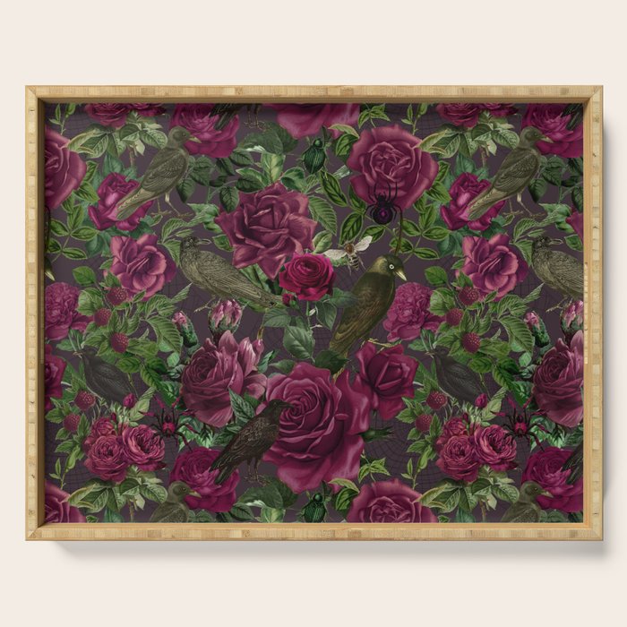 Burgundy Roses and Ravens Dark Gothic Pattern  Serving Tray Gallery Image 1