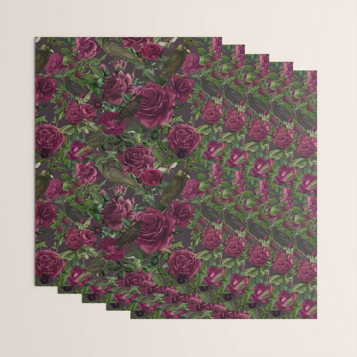 Burgundy Roses and Ravens Dark Gothic Pattern  Wrapping Paper Gallery Image 3