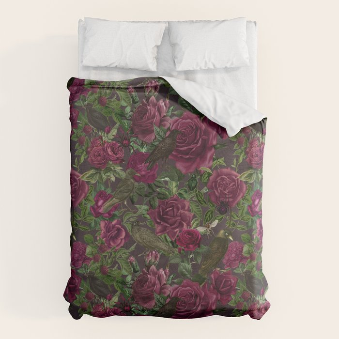 Burgundy Roses and Ravens Dark Gothic Pattern  Duvet Cover Gallery Image 1