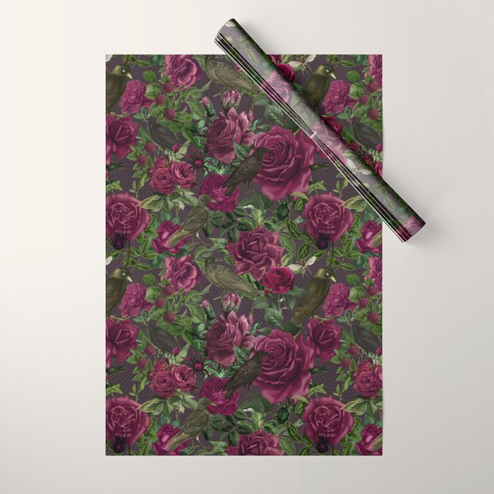 Burgundy Roses and Ravens Dark Gothic Pattern  Wrapping Paper Gallery Image 1