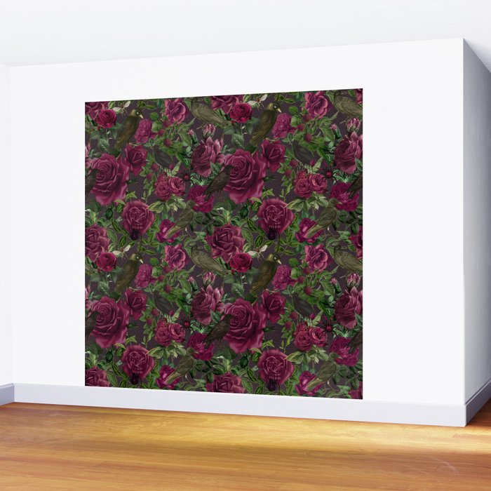 Burgundy Roses and Ravens Dark Gothic Pattern  Wall Mural Gallery Image 2