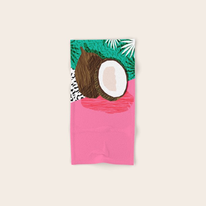 Bada Bing - memphis throwback tropical coconuts food vegan nature abstract illo neon 1980s 80s style Bath Towel Gallery Image 1