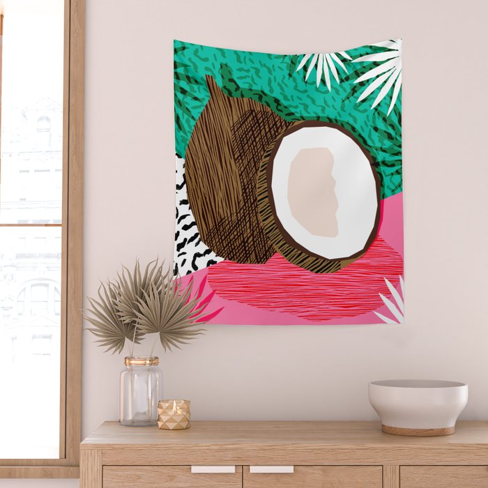 Bada Bing - memphis throwback tropical coconuts food vegan nature abstract illo neon 1980s 80s style Wall Tapestry Gallery Image 2