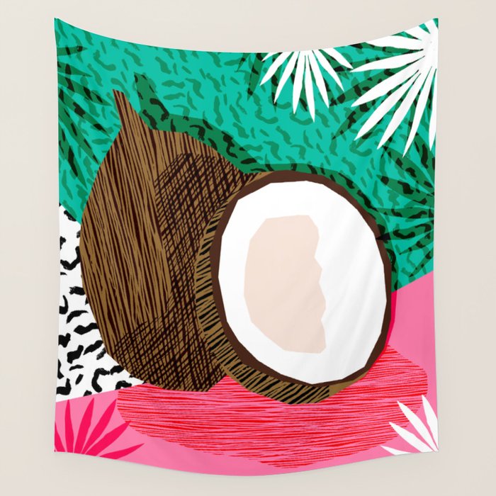 Bada Bing - memphis throwback tropical coconuts food vegan nature abstract illo neon 1980s 80s style Wall Tapestry Gallery Image 4