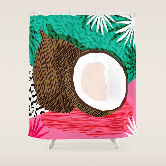 Bada Bing - memphis throwback tropical coconuts food vegan nature abstract illo neon 1980s 80s style Shower Curtain Gallery Image 1