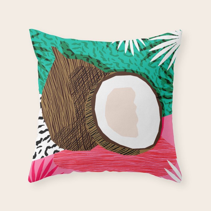 Bada Bing - memphis throwback tropical coconuts food vegan nature abstract illo neon 1980s 80s style Throw Pillow Gallery Image 1