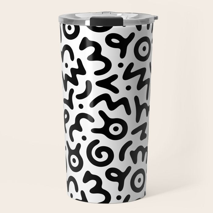 Fun black and white doodle symbol art pattern Travel Mug Gallery Image 1