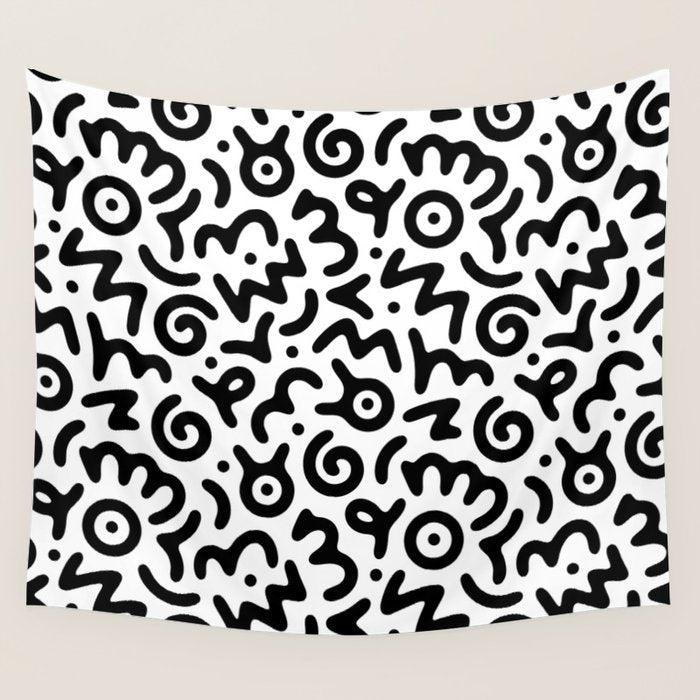 Fun black and white doodle symbol art pattern Wall Tapestry Gallery Image 4