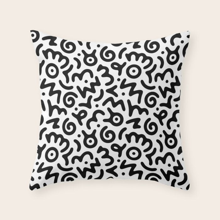 Fun black and white doodle symbol art pattern Throw Pillow Gallery Image 1