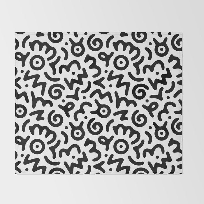 Fun black and white doodle symbol art pattern Throw Blanket Gallery Image 2