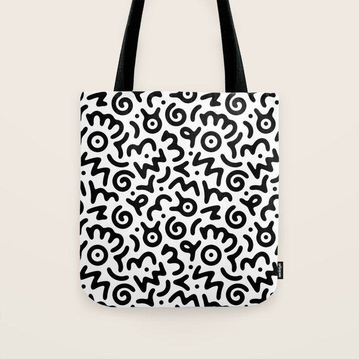 Fun black and white doodle symbol art pattern Tote Bag Gallery Image 1
