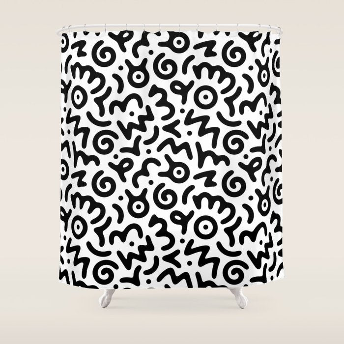 Fun black and white doodle symbol art pattern Shower Curtain Gallery Image 1