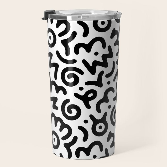 Fun black and white doodle symbol art pattern Travel Mug Gallery Image 3