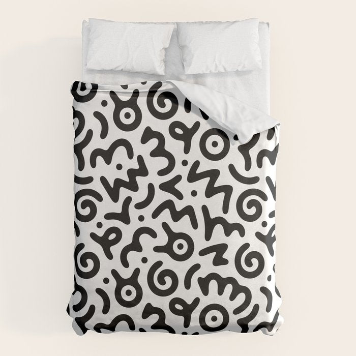 Fun black and white doodle symbol art pattern Duvet Cover Gallery Image 1