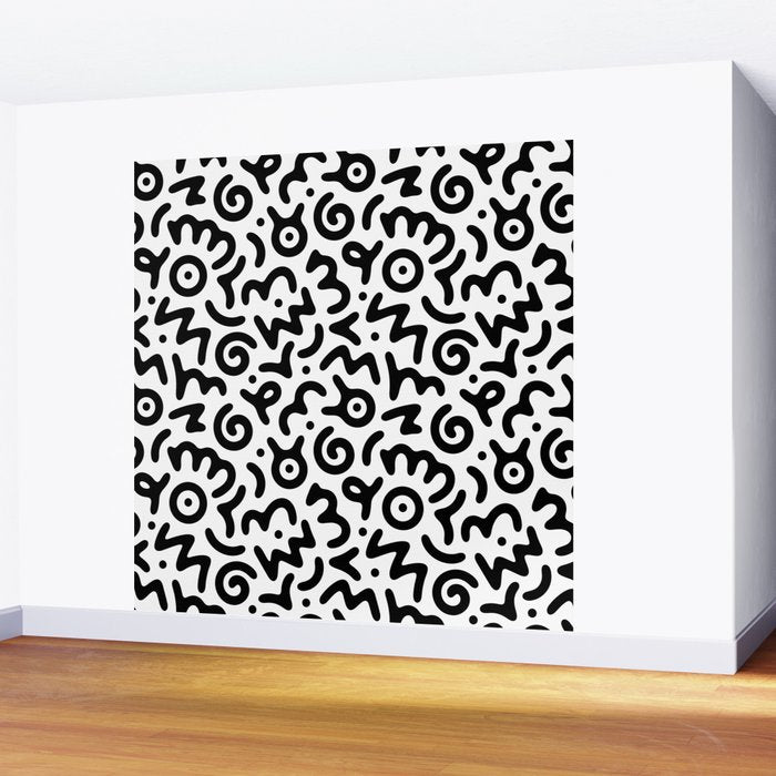Fun black and white doodle symbol art pattern Wall Mural Gallery Image 2