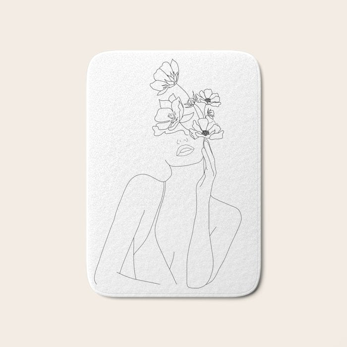 Minimal Line Art Woman with Flowers Bath Mat Gallery Image 1