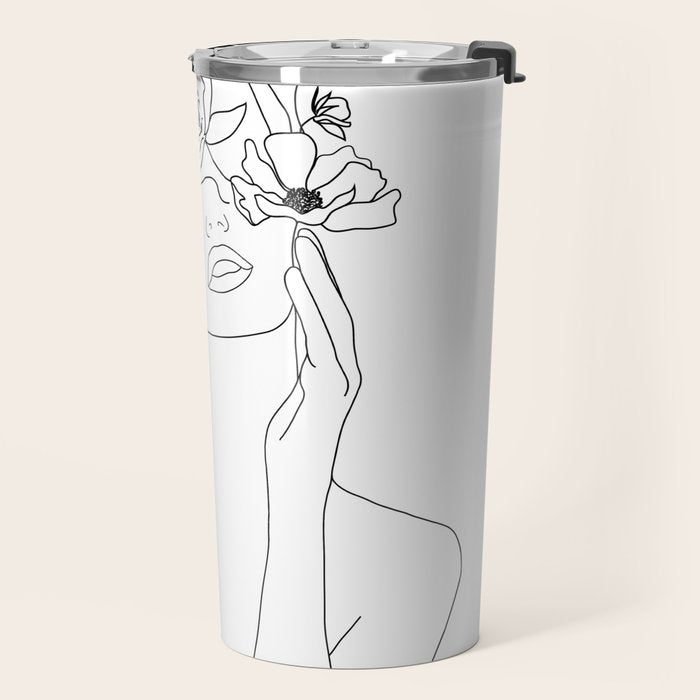 Minimal Line Art Woman with Flowers Travel Mug Gallery Image 2