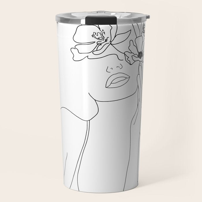 Minimal Line Art Woman with Flowers Travel Mug Gallery Image 1