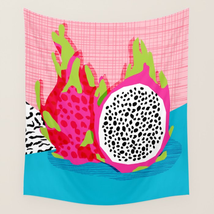 Hard Core - memphis throwback retro neon tropical fruit dragonfruit exotic 1980s 80s style pop art Wall Tapestry Gallery Image 1