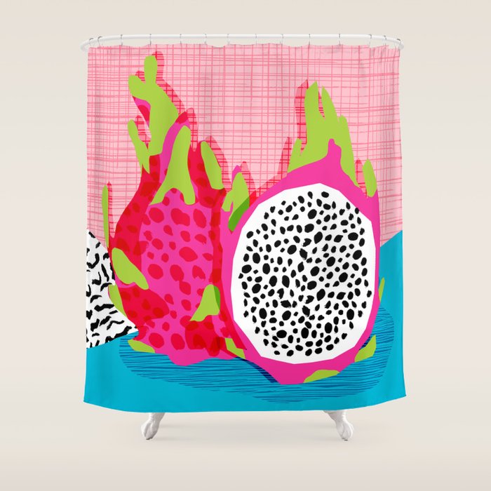 Hard Core - memphis throwback retro neon tropical fruit dragonfruit exotic 1980s 80s style pop art Shower Curtain Gallery Image 1