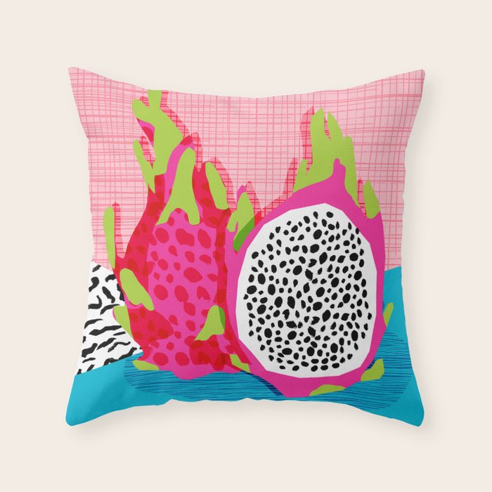 Hard Core - memphis throwback retro neon tropical fruit dragonfruit exotic 1980s 80s style pop art Throw Pillow Gallery Image 1