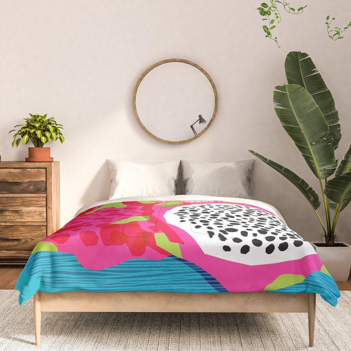 Hard Core - memphis throwback retro neon tropical fruit dragonfruit exotic 1980s 80s style pop art Comforter Gallery Image 3