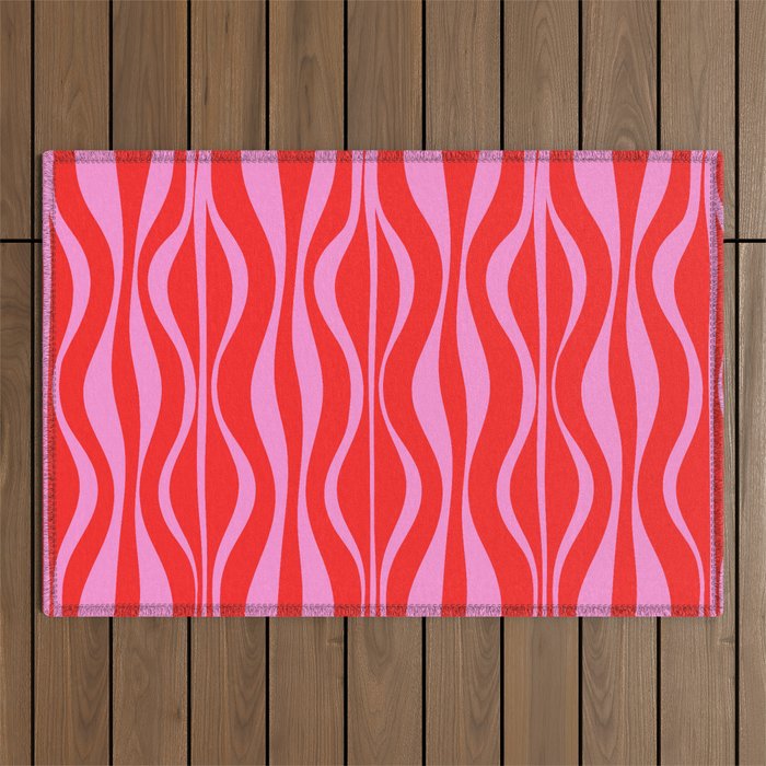 Mod Hourglass Abstract Midcentury Modern Retro Pattern in Preppy Pink and Red Outdoor Rug Gallery Image 1