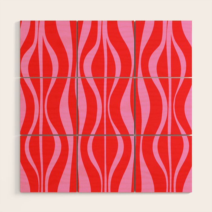 Mod Hourglass Abstract Midcentury Modern Retro Pattern in Preppy Pink and Red Wood Wall Art Gallery Image 1